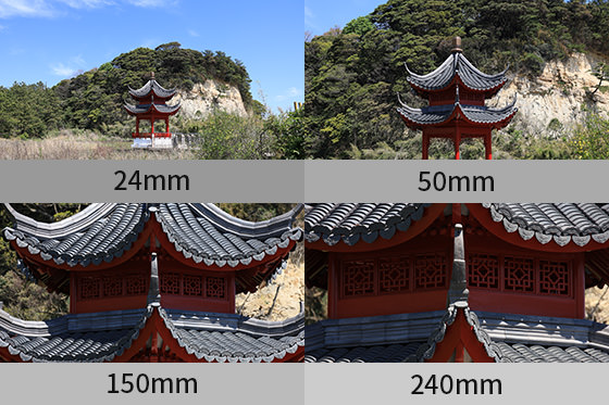不同焦距的拍摄范围对比。24mm广角能广阔收入景物，240mm远摄能拉近拍大远处被摄体